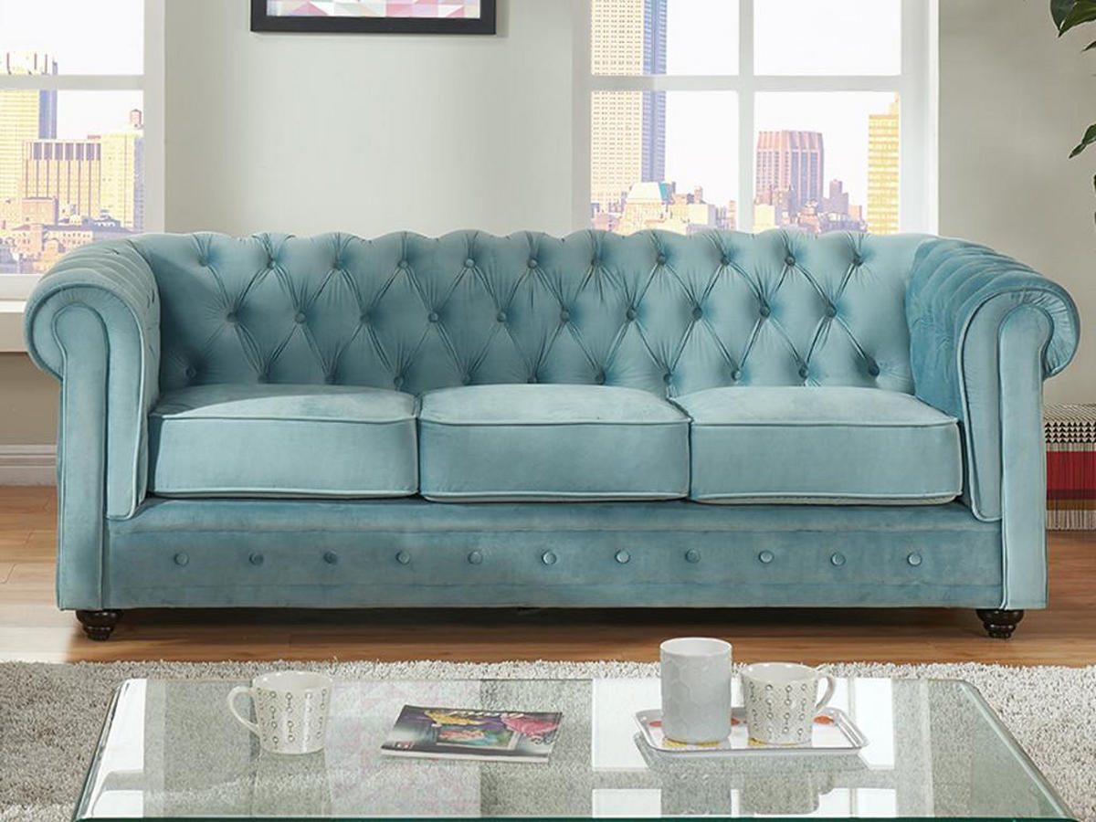 SOFA 3-Sitzer - Samt - Hellblau - CHESTERFIELD - Hellblau, Textil (88/72/205cm) - Vente-Unique