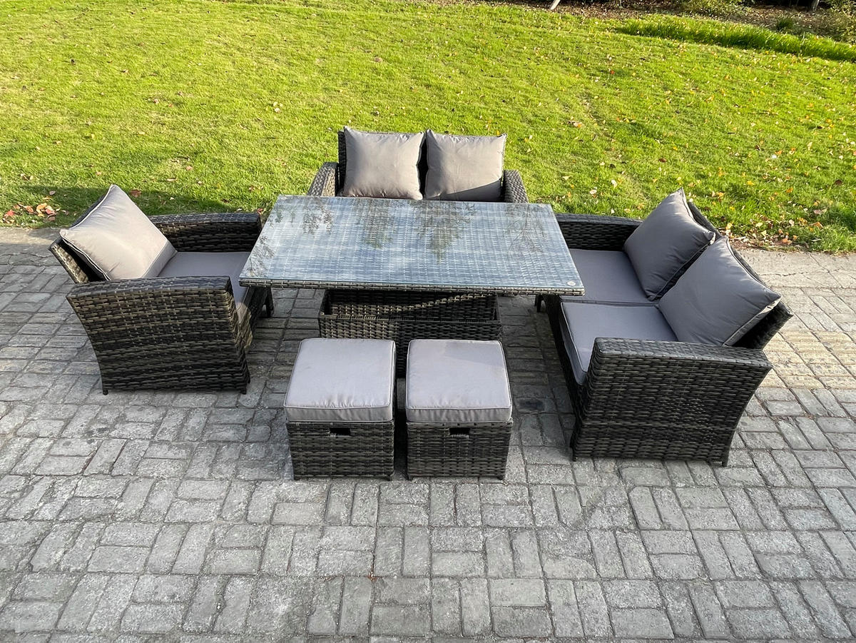 GARTENSET Polyrattan Dunkelgrau 7-Sitzer - Dunkelgrau, Metall - Fimous