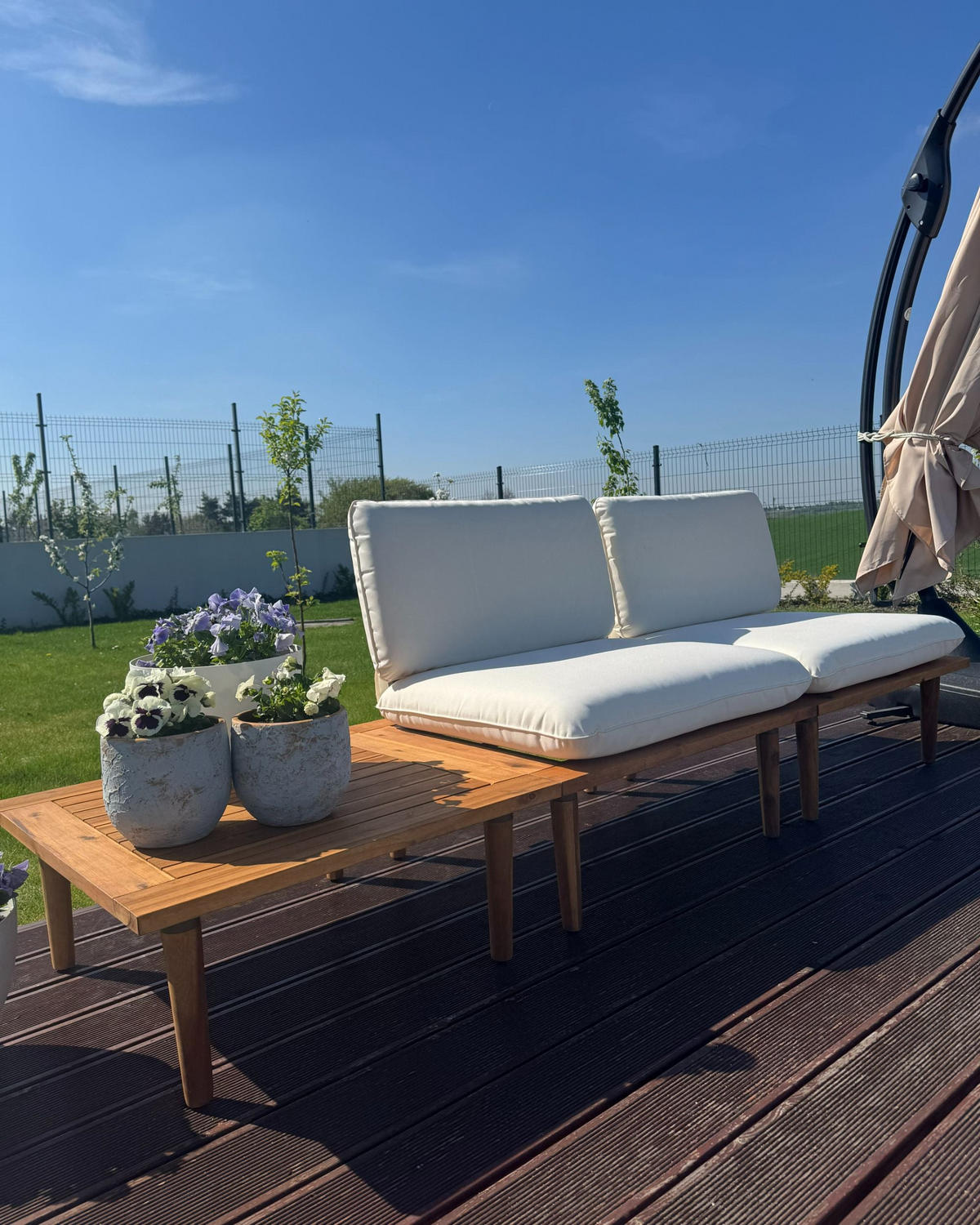 4-SITZER LOUNGE SET zertifiziertes Akazienholz hellbraun modular Auflagen cremeweiß Frascati - Hellbraun/Weiß, Holz (70/70/80cm) - Beliani