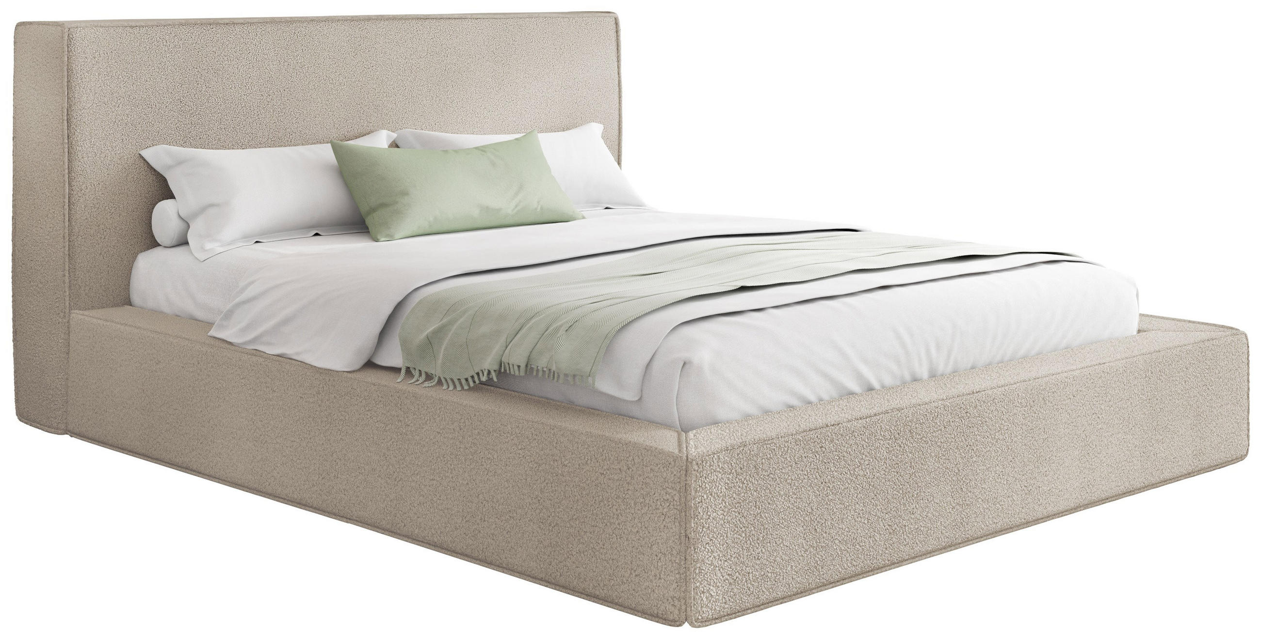 POLSTERBETT Merlin mit Bettkasten, Metall-Lattenrost & hohem Kopfteil in Beige Bouclé 160x200 cm - Birkefarben/Beige, Kunststoff/Textil (160/200cm) - WFL GROUP