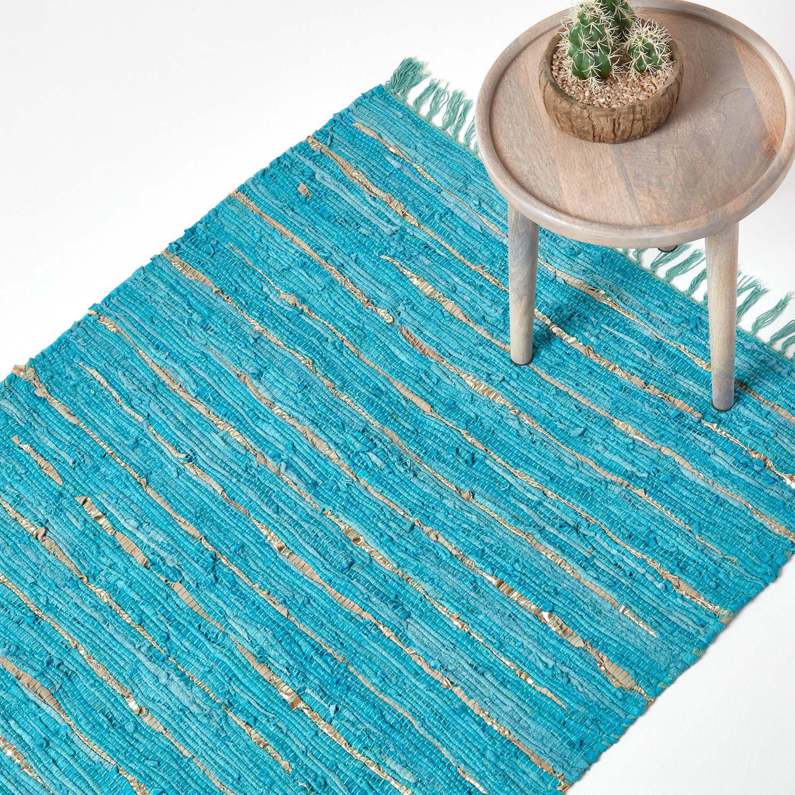 LEDERTEPPICH Glitter geflochten 90/150 cm - Türkis, Leder (90/150cm) - Homescapes