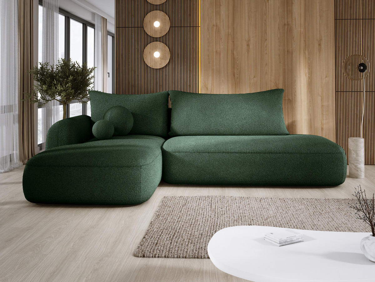 ECKSOFA BABU Mit Bettfunktion – Moderne Polsterecke Für Wohnzimmer Funktionales Schlafsofa Im Stoff NOW OR NEVER, 300x105x60cm, Linke, GRÜN - Waldgrün, Holz/Textil (190/300cm) - DomoHome