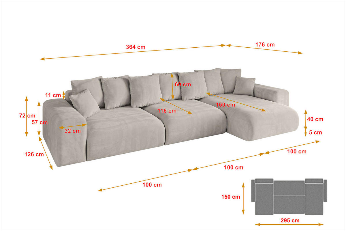 ECKSOFA Ottomane rechts ESKAR-L2 364x176x72 Hellbraun Velours - Hellbraun/Schwarz, Holzwerkstoff/Kunststoff (176/364cm) - ALTDECOR