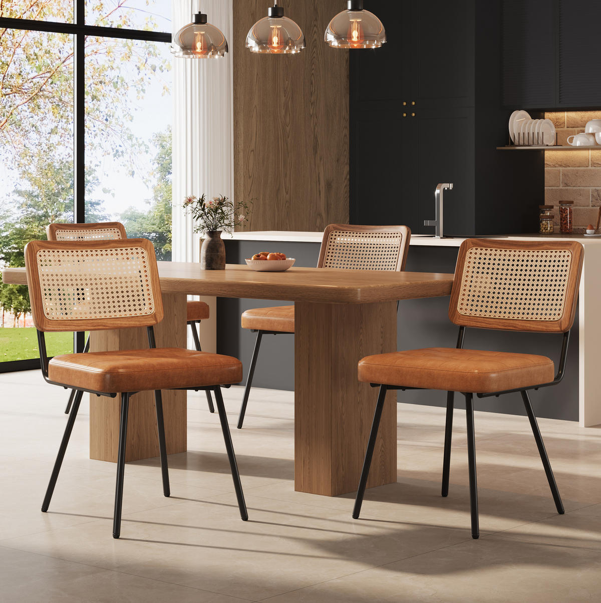 ESSZIMMERSTUHL mit PE-Rattan 61 x 46 x 79 cm PU-Leder Braun - Braun, Metall (44/79/46.1cm) - Meubliv
