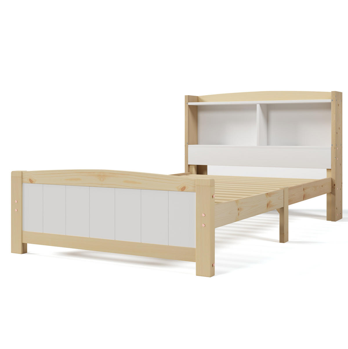 EINZELBETT 90/200 cm mit Stauraum-Kopfteil und Lattenrost, Weiß/Natur - Naturfarben, Holz - Redom