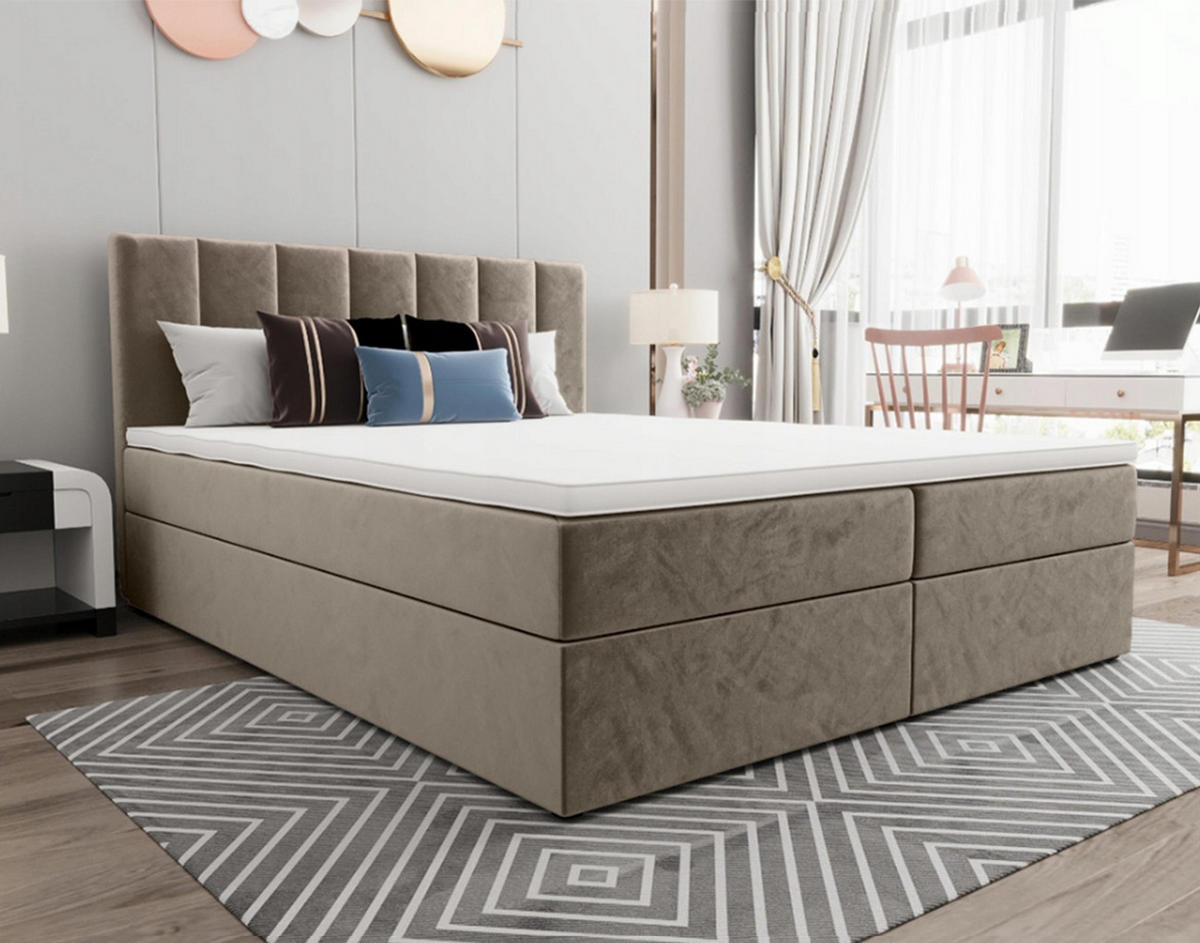 BOXBETT Benetutti 160/200 cm in Beige – mit Bettkasten und Topper - Beige/Schwarz, Holz/Holzwerkstoff (160/200cm) - AX Living