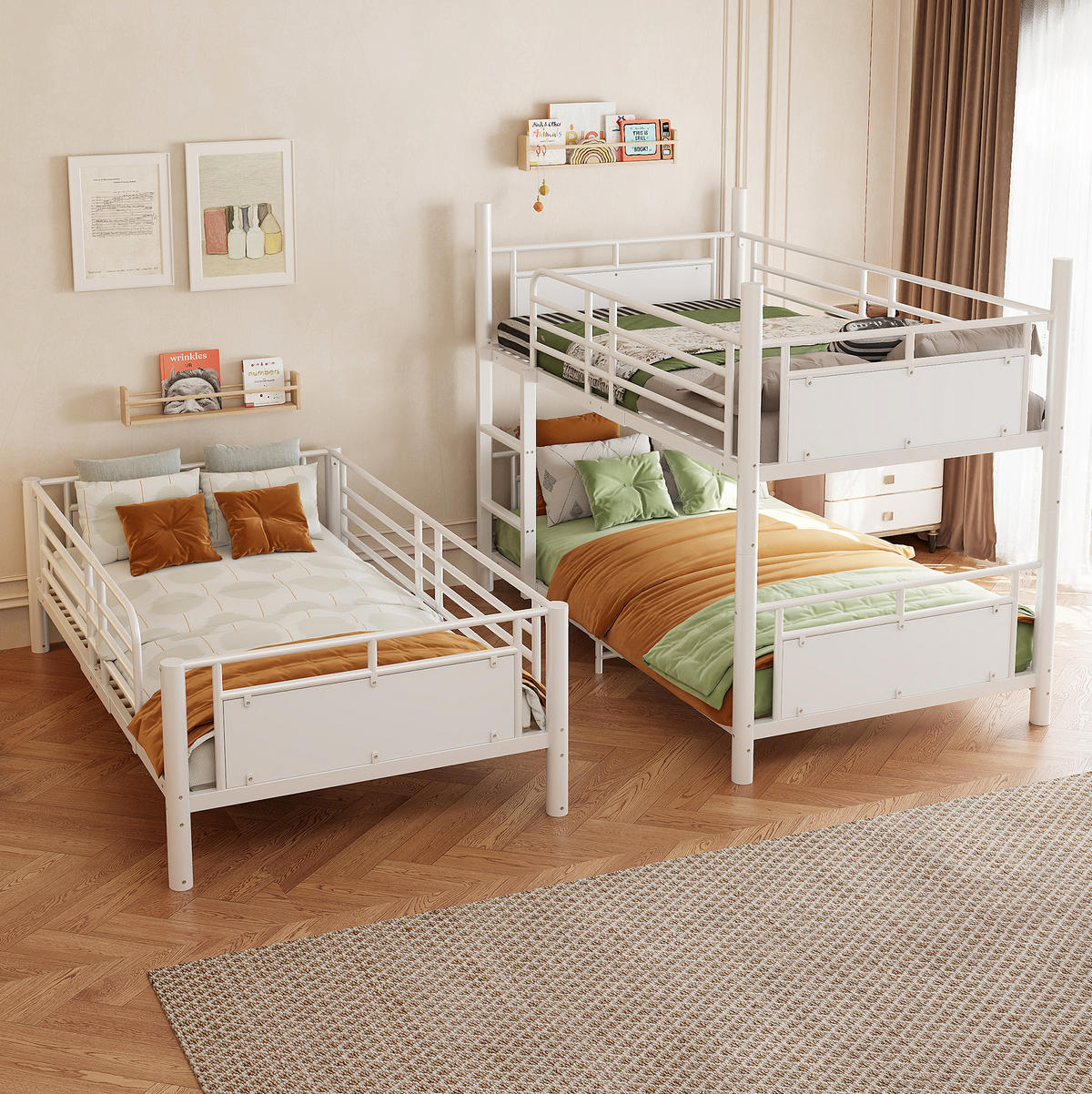 DREIFACH-ETAGENBETT aus Metall und Holz 90x200 cm Weiß mit 3 Schlafplätzen und 2 Leitern - Weiß, Metall (90/200cm) - Modfu