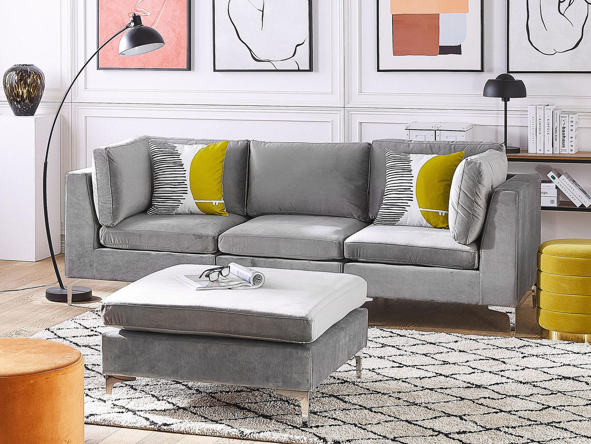 3-SITZER-SOFA Samtstoff grau mit Ottomane Evja - Grau, Textil (235/84/85cm) - Beliani