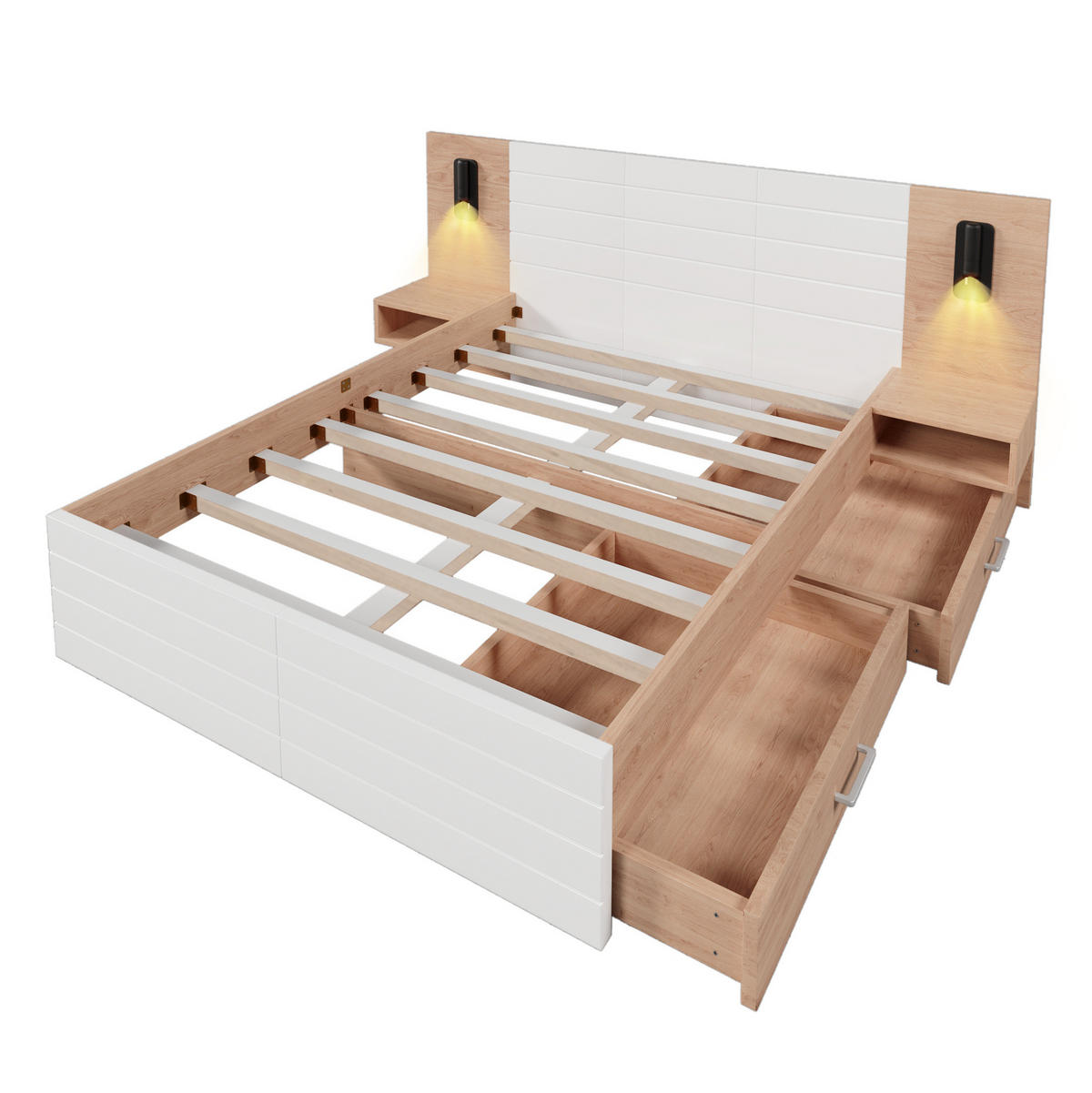 DOPPELBETT 180/200 cm Eiche und Weiß mit Leselicht und USB-Ladeanschluss - Weiß, Holzwerkstoff (180/200cm) - OKWISH