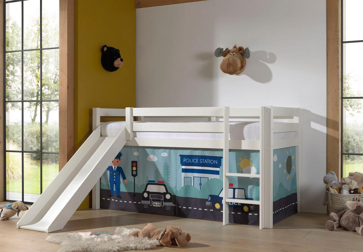 HOCHBETT mit Rutsche Karolina Massivholz Weiß Textilset Polizei - Weiß/Hellblau, Holz (90/200cm) - 58aufmkessel