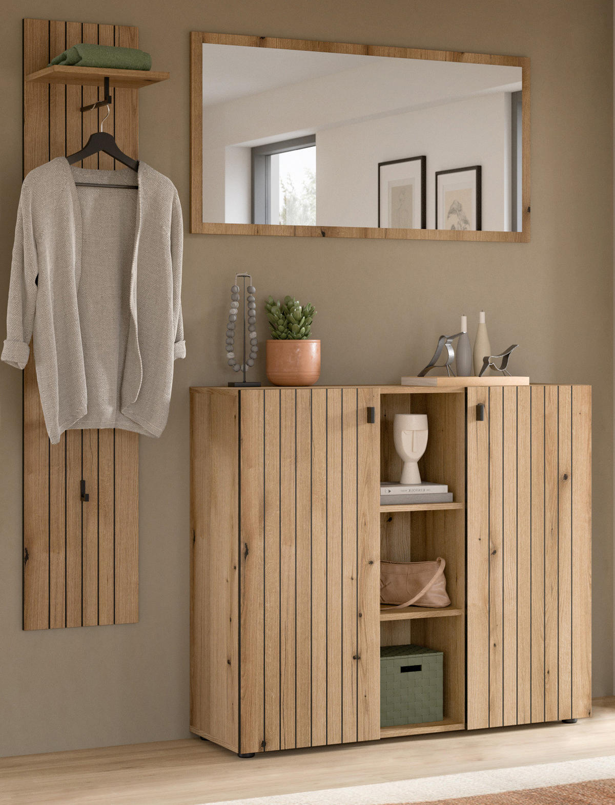 GARDEROBEN-SET Evoke Eiche 3-teilig 152 cm, Flurmöbel mit eingefräster Rillenoptik - Schwarz/Eiche Artisan, Glas/Holzwerkstoff (152/192/37cm) - Inn.Furn