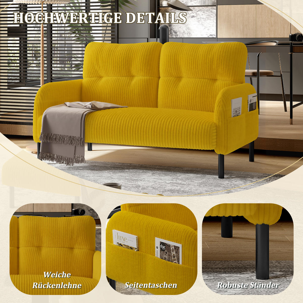 2-SITZER SOFA Cord Gelb mit Seitentasche - Gelb, Textil/Metall (120/79/75cm) - WISHDOR