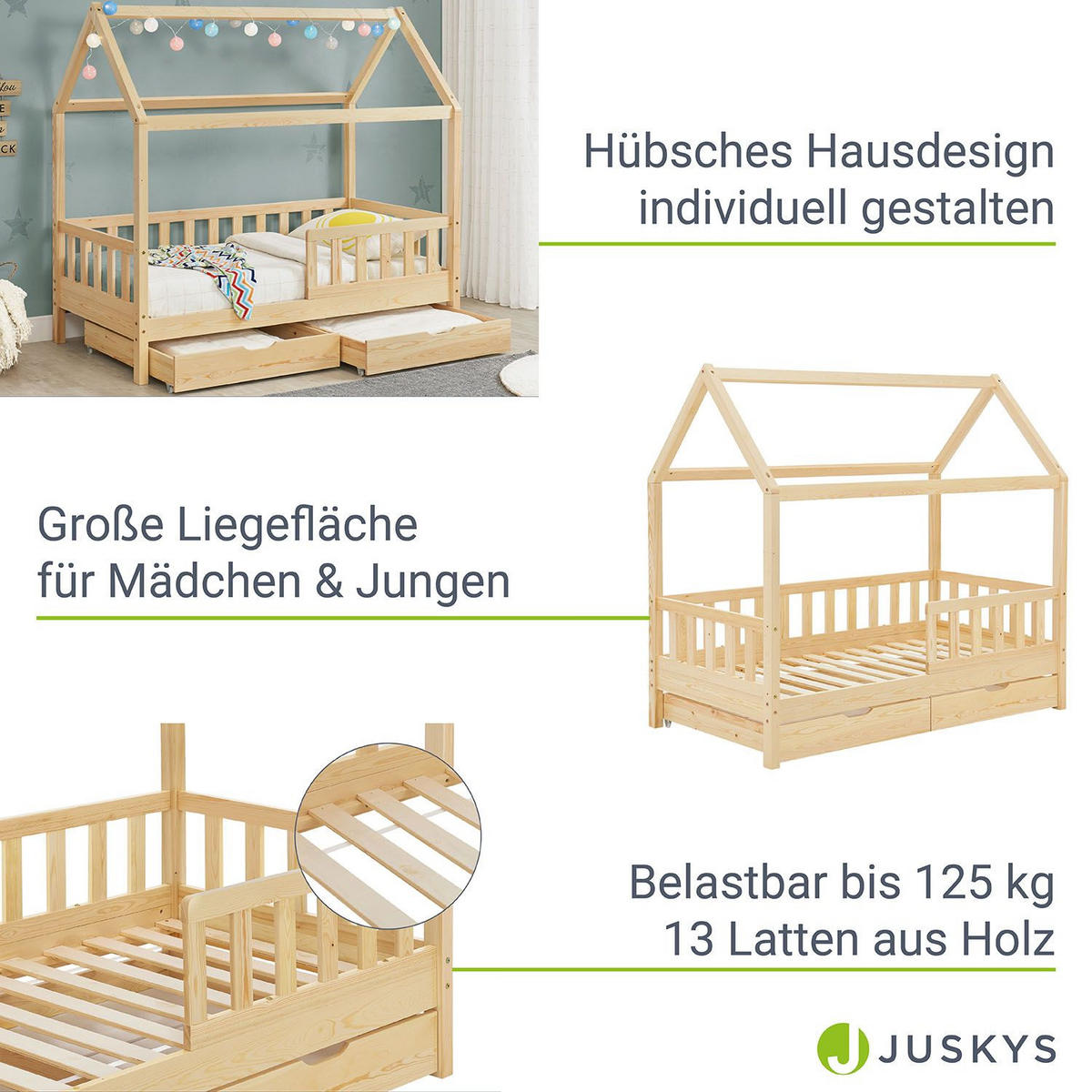 KINDERBETT Marli natur 80x160 cm mit Bettkasten und Matratze - Naturfarben, Holz (80/160cm) - Juskys
