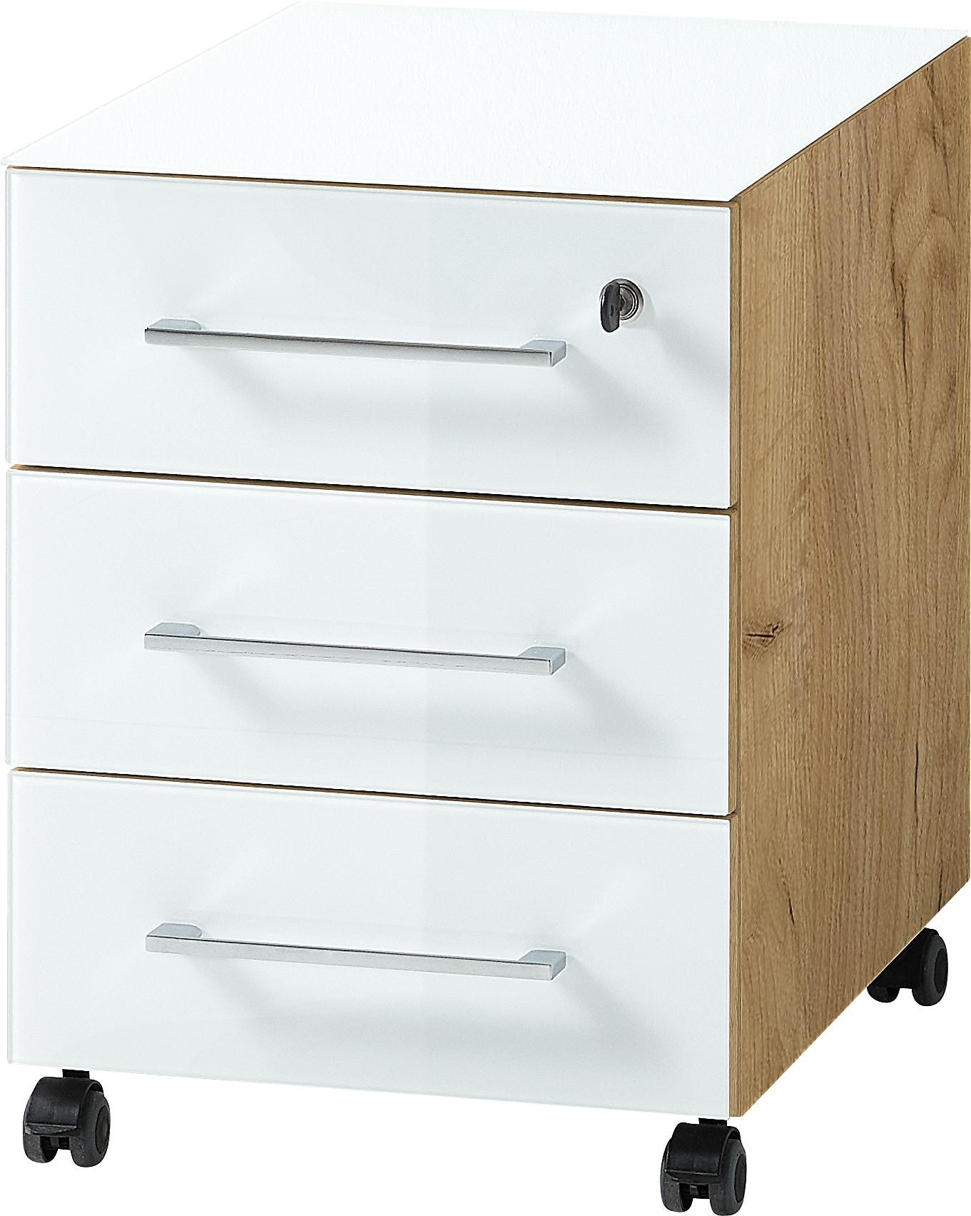 ROLLCONTAINER Glasfront 3 Schubladen Soft-Close & Abschließbar, Serie "Muenchen" Chalet-Eiche-Nb./Weiß - Weiß, Holzwerkstoff/Metall (40/55/50cm) - KADIMA DESIGN