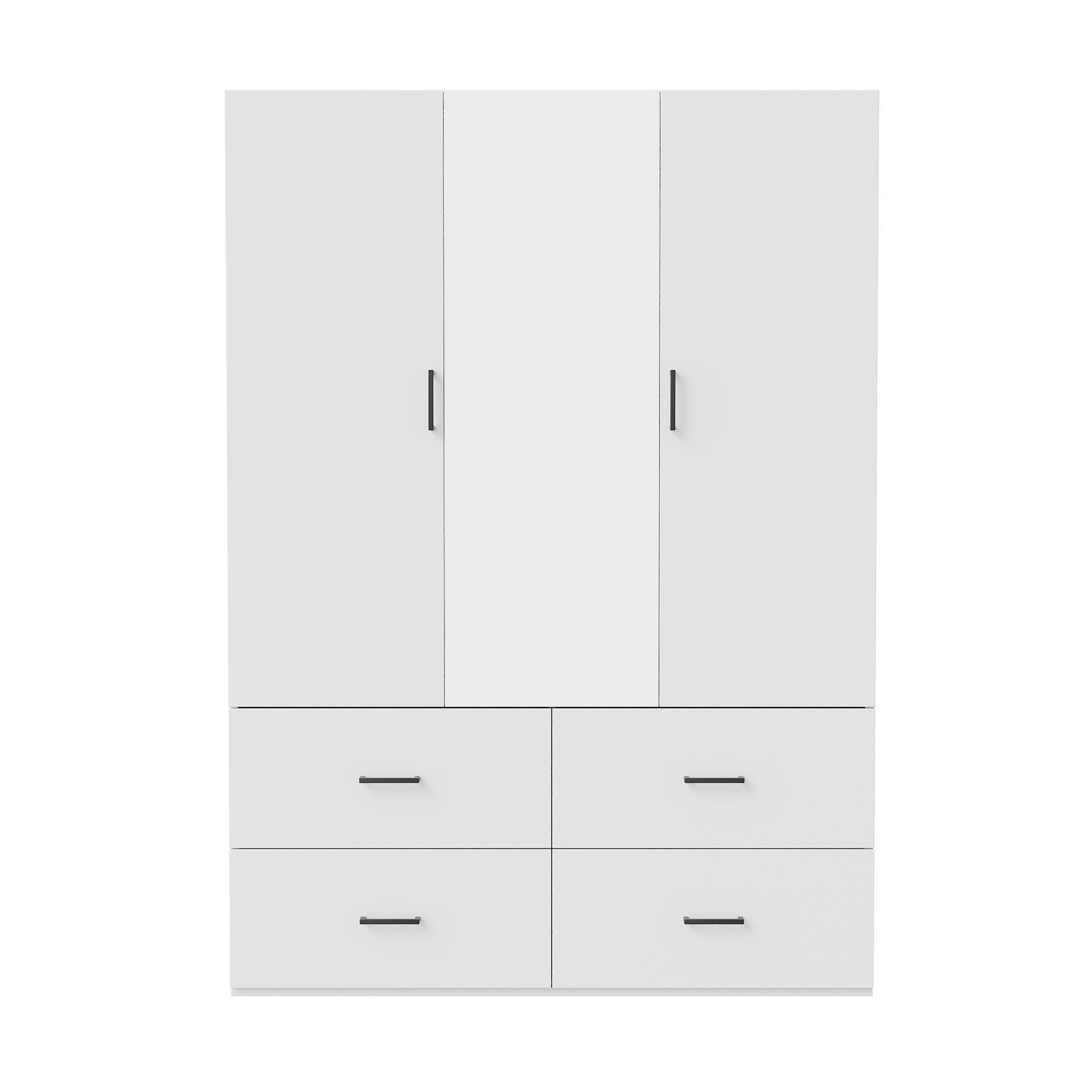 KLEIDERSCHRANK 3 Türen, Spiegel, 4 Schubladen, integrierte Kleiderstange, 130x51,8x181,5 cm, weiß - Weiß, Holz (130/181.5/51.8cm) - EuroLiving
