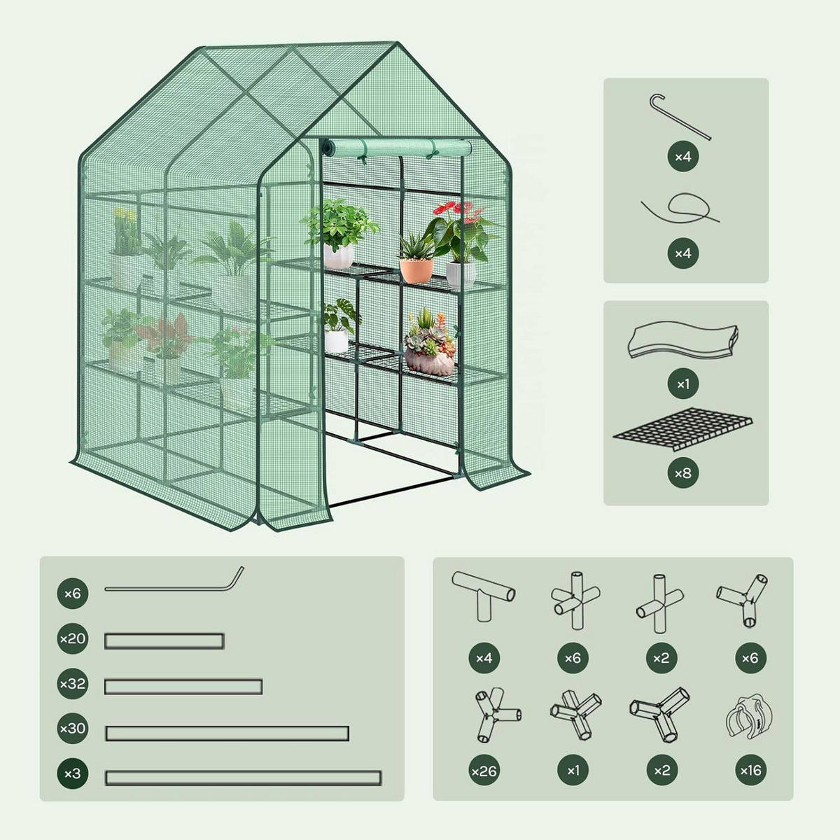 FOLIENGEWÄCHSHAUS, Metallgestell, 143 x 195 x 143 cm - Grün, Textil/Metall (143/195/143cm) - Woltu