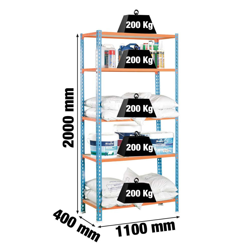 SCHWERLASTREGAL Big Muli HxBxT 200 x 110 x 40 cm 5 Fachböden Fachlast 200 kg Blau-Orange - Gelb, Metall (110/200/40cm) - PROREGAL