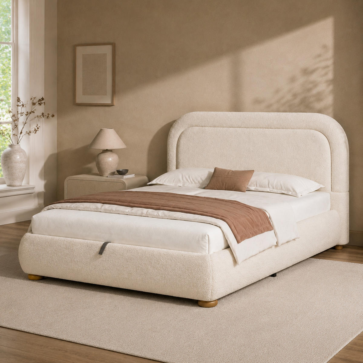 POLSTERBETT aus Bouclé 140x200 cm Beige mit hydraulischem Bettkasten und Lattenrost - Beige, Textil (140/200cm) - Modfu