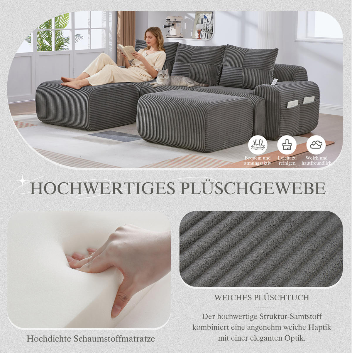 3-SITZER Wohnlandschaft Cord mit Getränkehalter und Seitentasche 268/174/80 cm Dunkelgrau - Dunkelgrau, Textil (174/80/268cm) - Redom