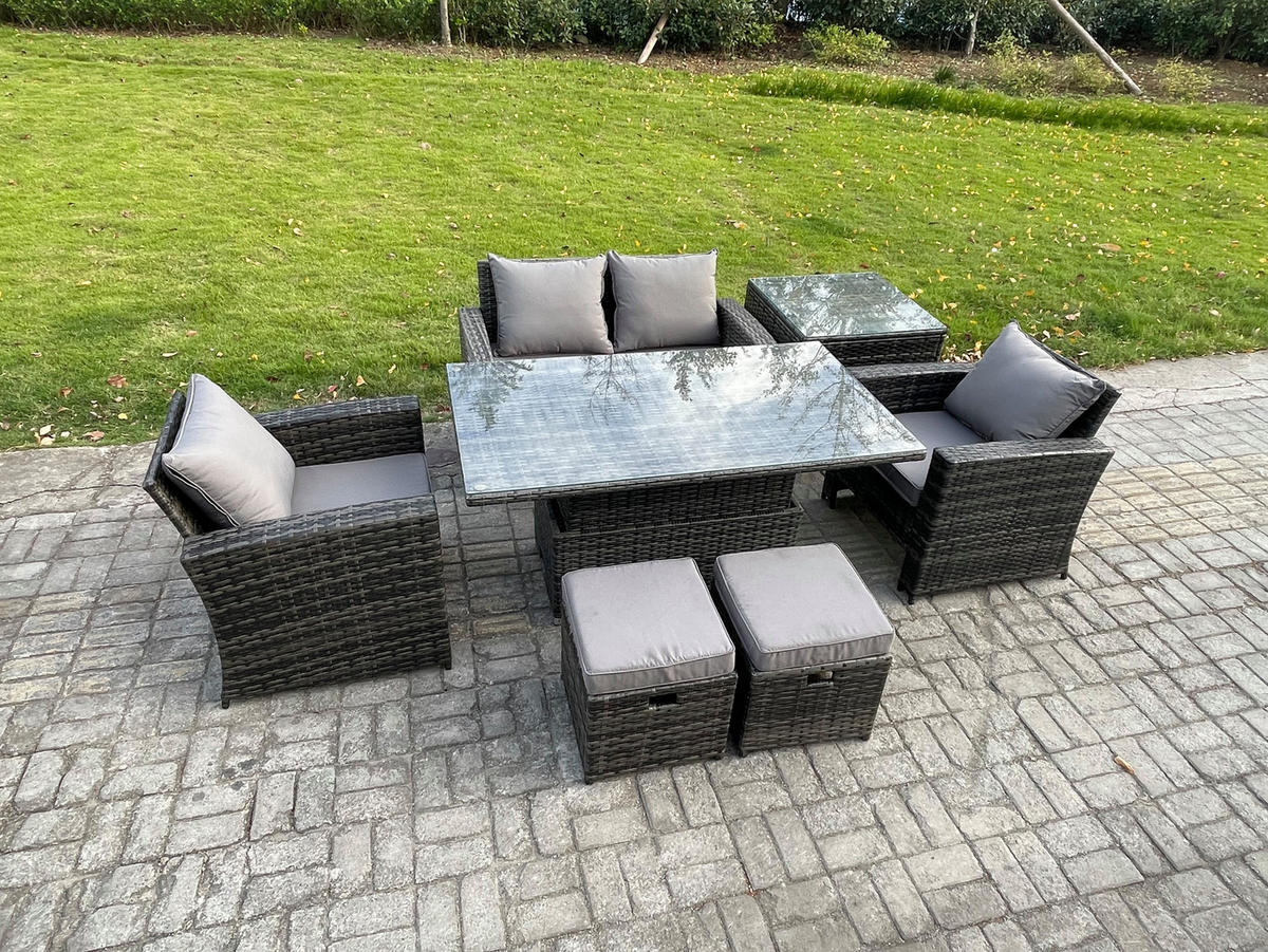 GARTENSOFA Hohe Rückenlehne Polyrattan Dunkelgrau 6-Sitzer - Dunkelgrau, Metall - Fimous