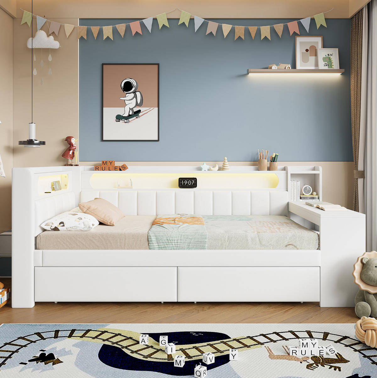 KREVET 90/200 cm s LED osvjetljenjem, USB priključkom, radnim stolom i 2 ladice, Bijeli - bijela, drvni materijal (90/200cm) - Redom