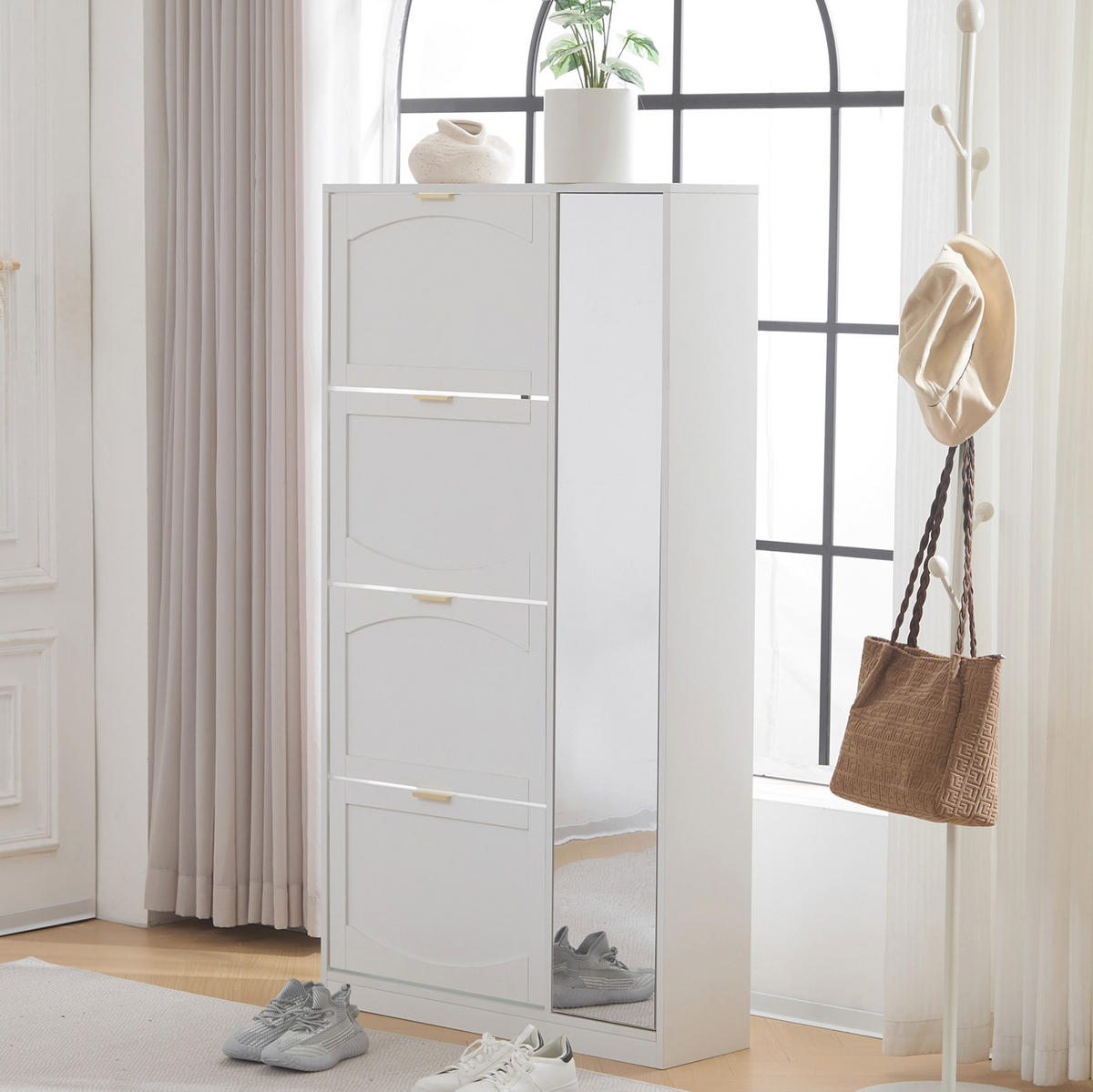 SCHUHSCHRANK 80/24/147 cm mit 4 Klappen und Spiegel in Weiß - Weiß, Holzwerkstoff (80/147/24cm) - BEAOK