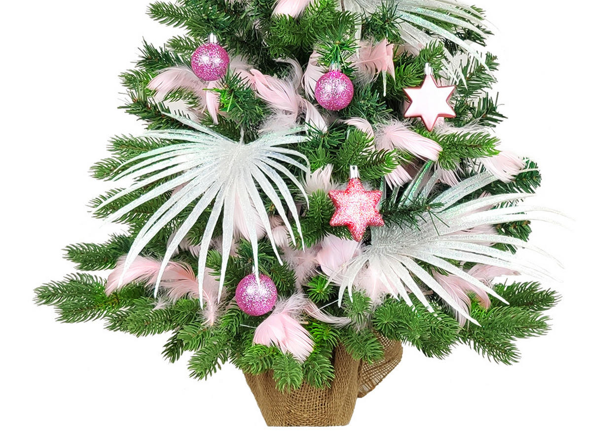 WEIHNACHTSBAUM künstlicher 60 cm mit LED-Beleuchtung, MÄRCHENSTERN, mit 27 Weihnachtsbaumschmuck, Pflanztopf mit Jutesack - Pink/Weiß, Kunststoff/Stein (40/60cm) - LAALU
