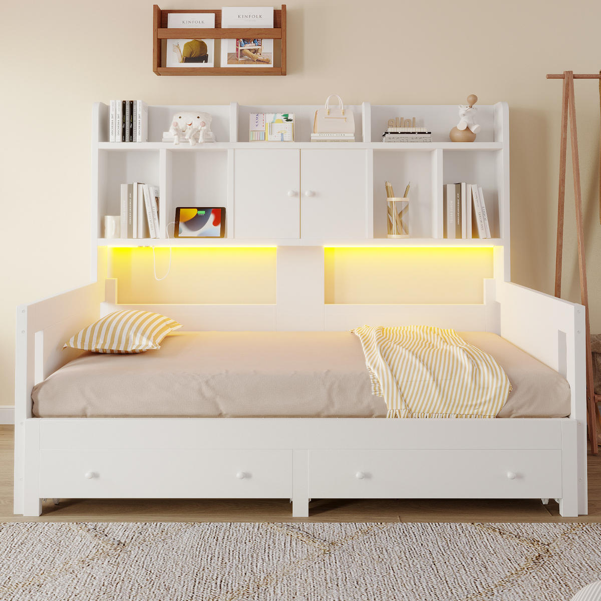 SCHLAFSOFA Holz Ausziehbett LED Stauraum Steckdose Weiß - Weiß, Holz (90/190cm) - FLIEKS