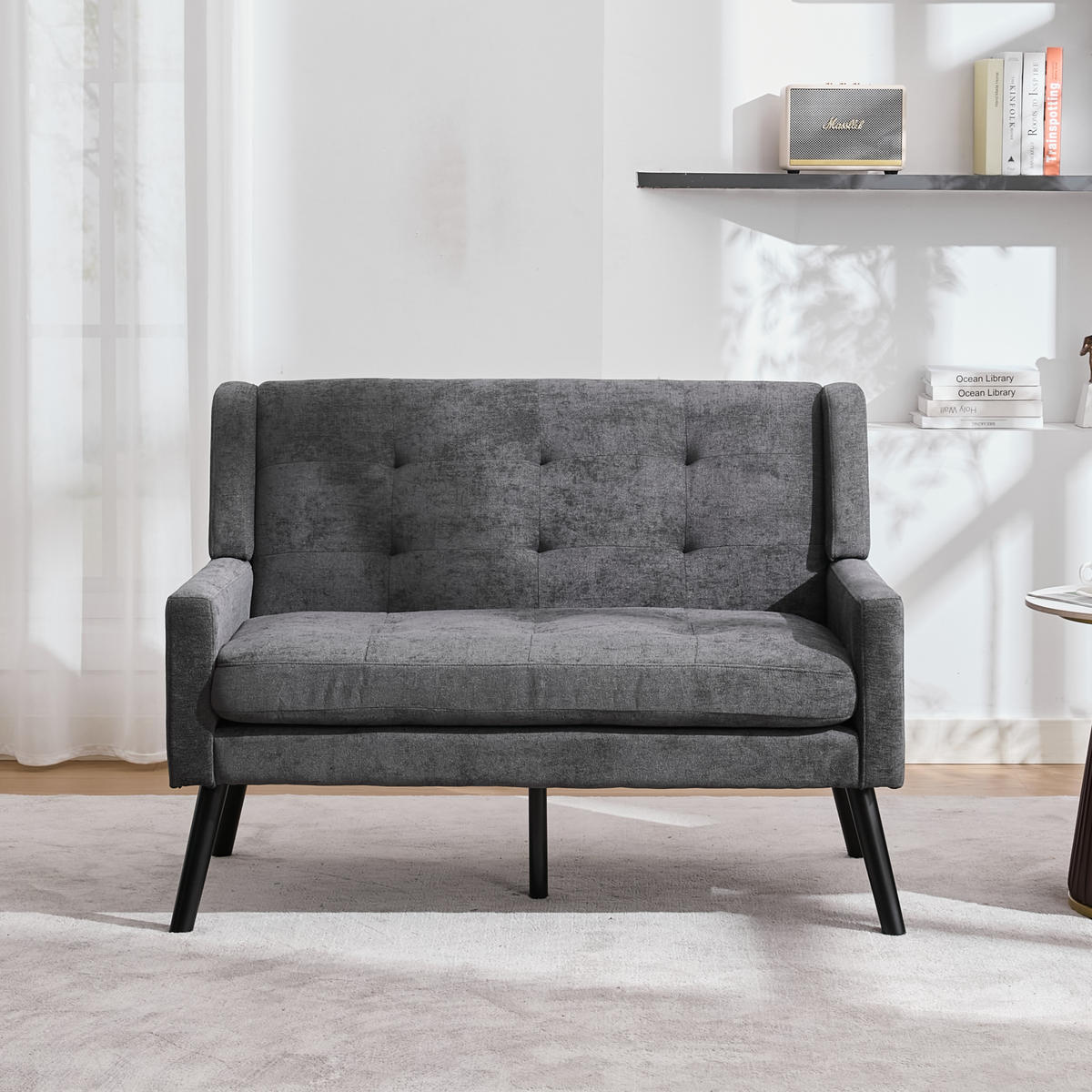 SITZBANK 2-Sitzer Leinenpolster mit Knopfsteppung, Massivholzbeinen 119/75/88 cm Dunkelgrau - Dunkelgrau, Textil (75/88/119cm) - Redom