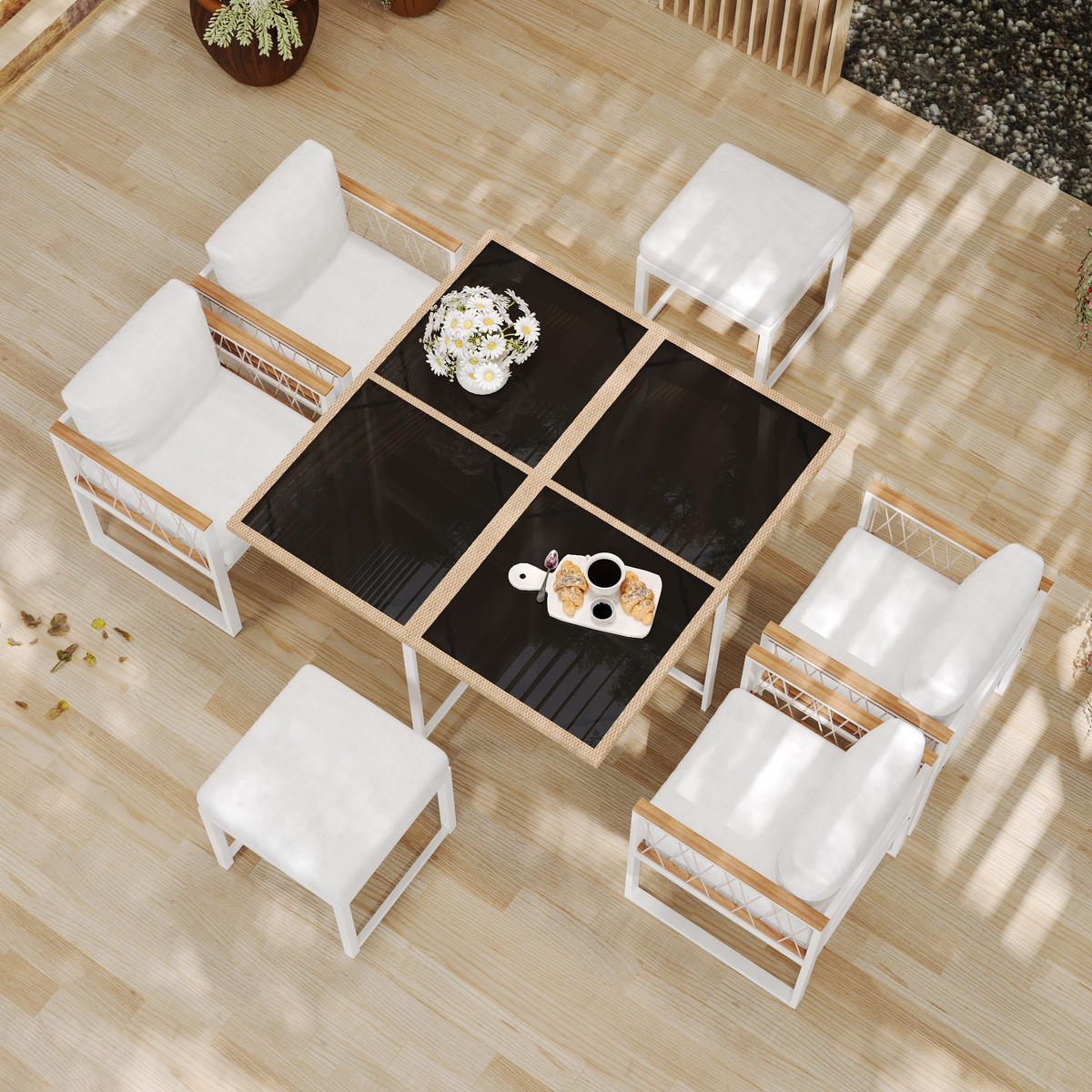 GARTENSETS aus Metall & Rattan 117x117x73,5 cm in Weiß - Weiß, Metall - Modfu