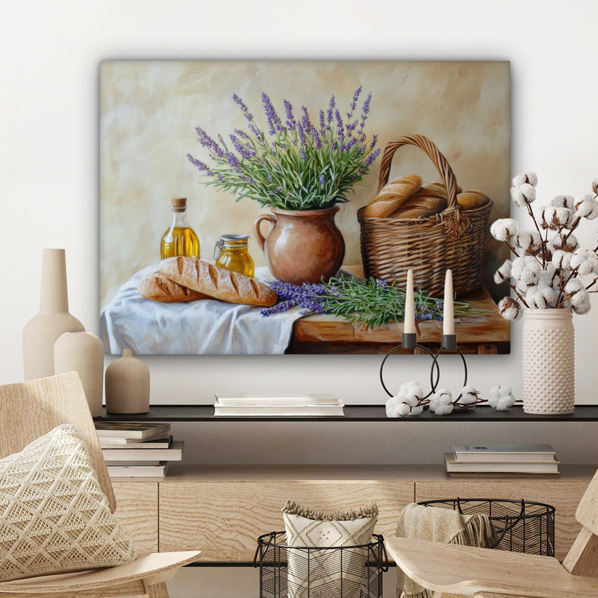 LEINWANDBILD Lavendel - Brot - Stilleben Wandbilder 80x60 cm - Flieder, Textil (80/60cm) - MuchoWow