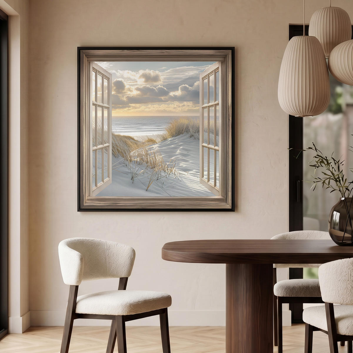 LEINWAND Bilder mit Rahmen - Ausblick - Strand - Dünen - Meer - Natur - 90x90 - Sandfarben, Textil (90/90cm) - MuchoWow