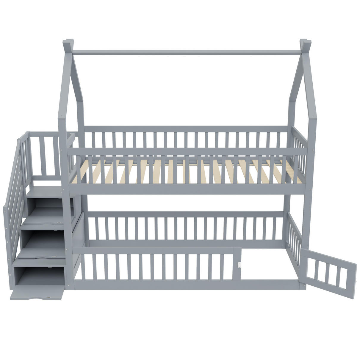 ETAGENBETT aus Massivholz 90x200 cm Grau mit Dach, Sicherheitstreppe und Schubladen - Grau, Holzwerkstoff (90/200cm) - IVMEU