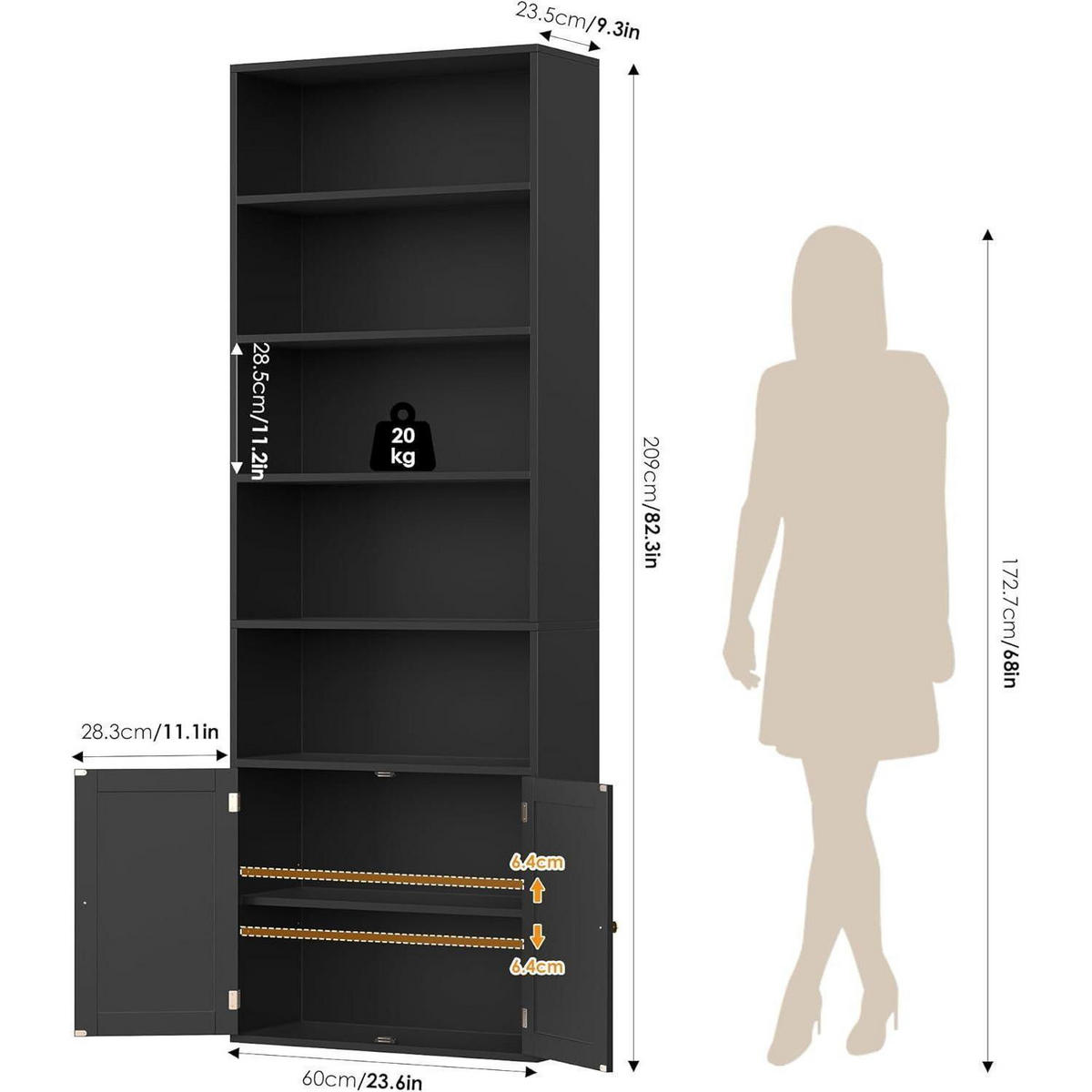 BÜCHERREGAL mit Türen schwarz 60 x 23,5 x 209 cm - Schwarz, Holzwerkstoff (60/209/23.5cm)