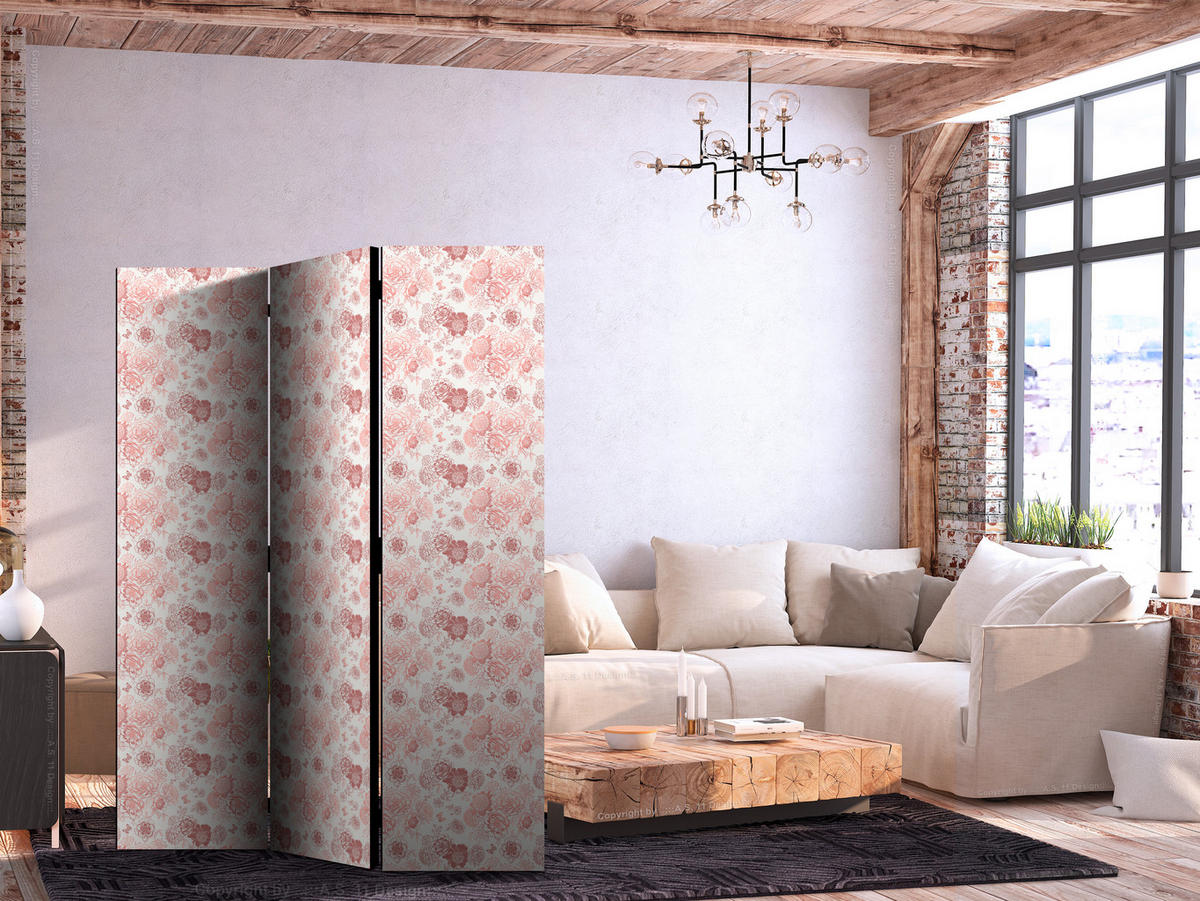 PARAVENT Beidseitig Bedruckter 3-tlg 135x172 cm Rosa Blumen - Rosa, Holz/Textil (135/172/3cm) - Muralo