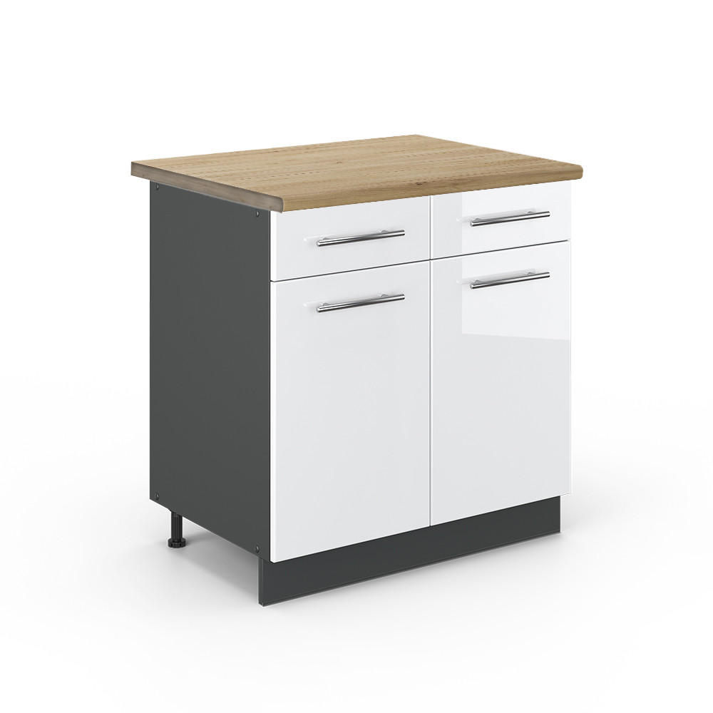 KÜCHENUNTERSCHRANK Fame-Line Weiß Hochglanz 80 cm, AP Eiche - Weiß Hochglanz/Anthrazit, Holzwerkstoff (80/82/60cm) - Vicco