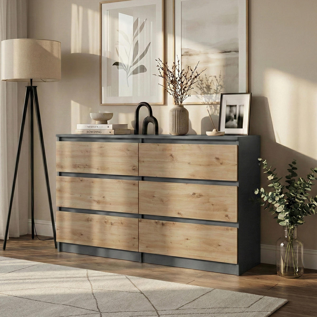 KOMMODE Lemon mit 6 Schubladen, 140 cm, Anthrazit+eiche Artisan - Anthrazit/Eiche Artisan, Holzwerkstoff (140/78/39cm) - Beautysofa