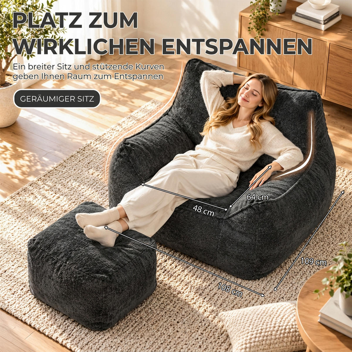 SITZSACK mit Hocker Polyester Grau - Grau, Textil (108/80/109cm) - HOMCOM