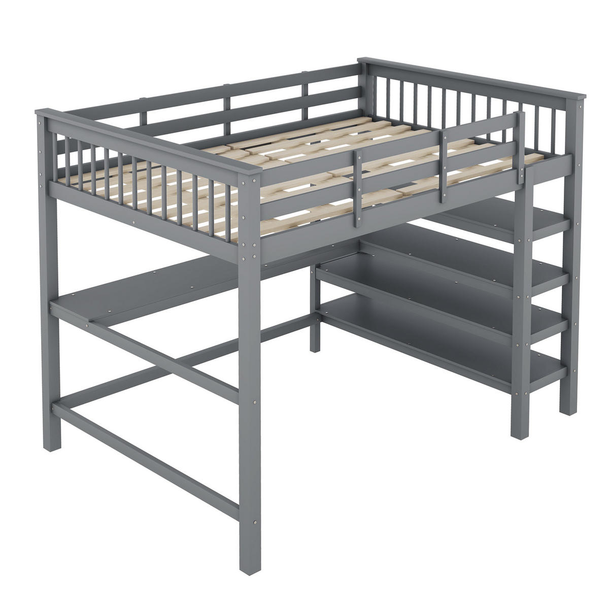 HOCHBETT 140/200 cm grau mit Ablagefächern und Unterbettschreibtisch mit Matratze - Grau, Holzwerkstoff (140/200cm) - OKWISH
