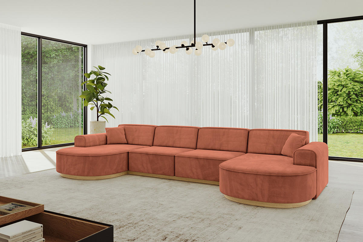 WOHNLANDSCHAFT MARI-U2-v2 - 388x171x83 cm Apricot Velours - Koralle, Holzwerkstoff/Textil (388/83/171cm) - ALTDECOR