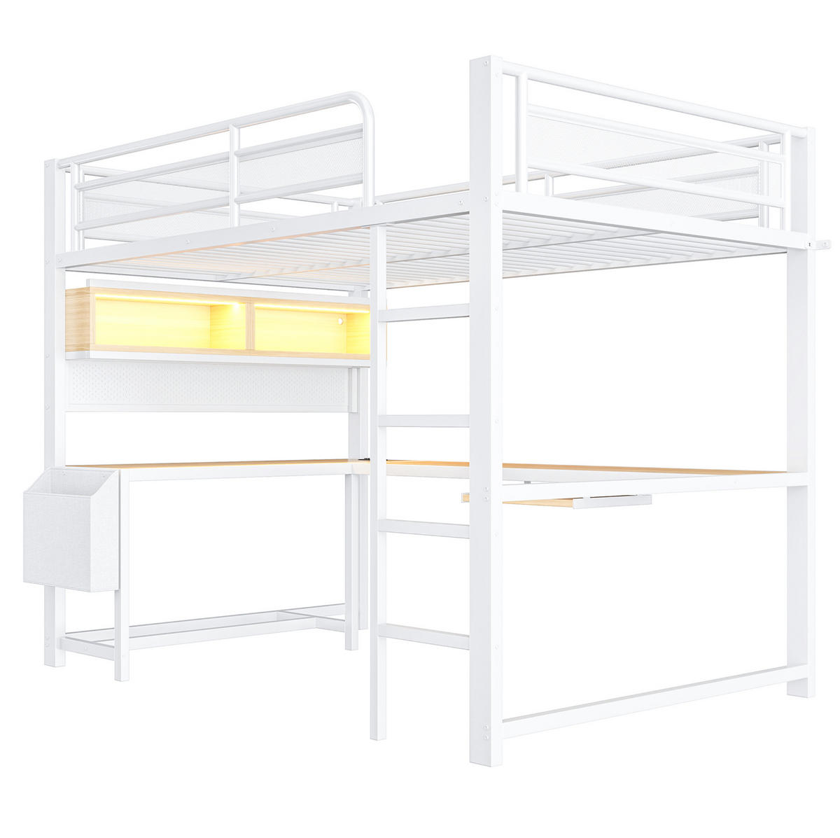 HOCHBETT 140/200 cm Weiß mit Schreibtisch, LED und USB - Weiß, Metall (140/200cm) - MIVRAY