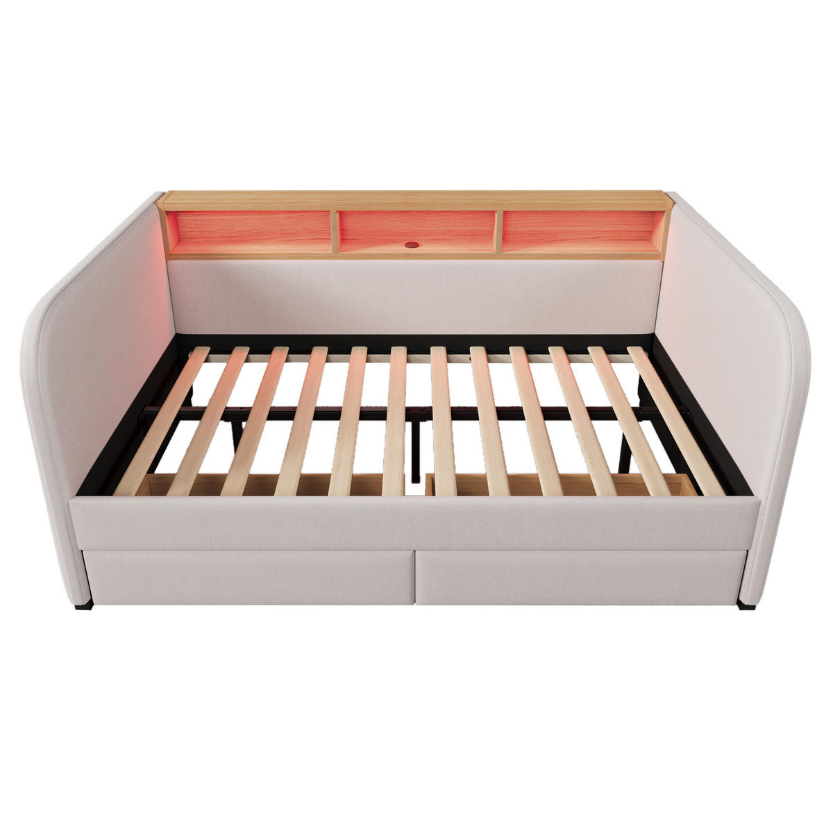 POLSTERBETT 140/190 cm mit LED-Beleuchtung, USB-C, Stauraumkopfteil und 2 Schubladen, Hellbeige - Beige, Textil (140/190cm) - Redom