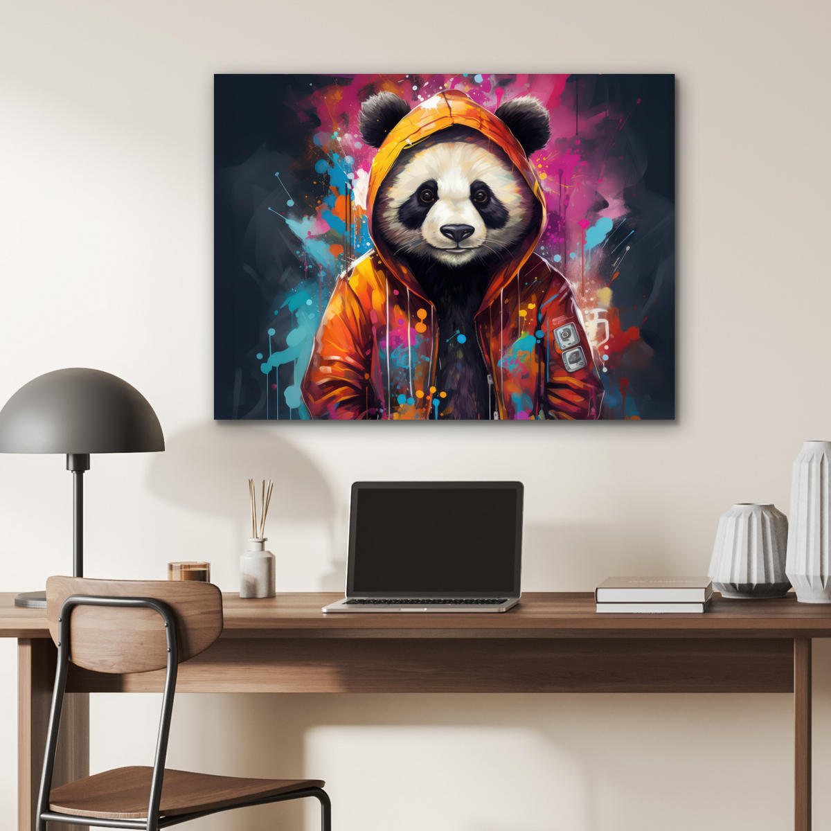 METALLBILD Panda - Jacke - Graffiti - Orange 80x60 cm - Orange, Metall (80/60cm) - MuchoWow