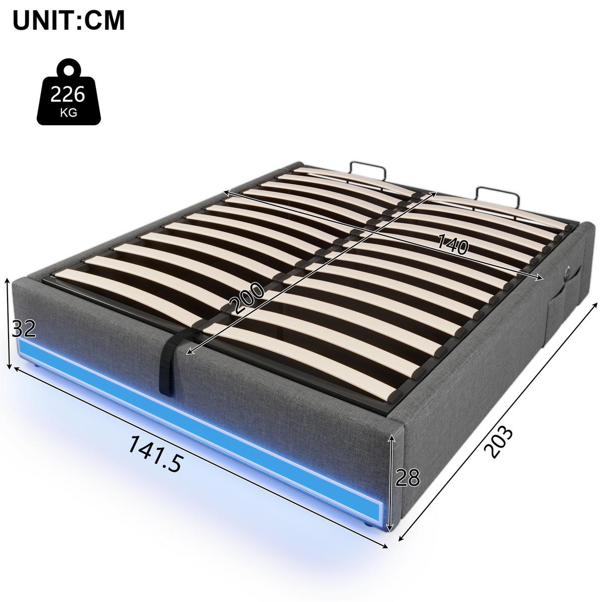 TAPECIRANI krevet 140/200 cm s LED osvjetljenjem, USB i Type-C priključkom te hidrauličnim spremnikom, Siva - siva, tekstil (140/200cm) - Redom