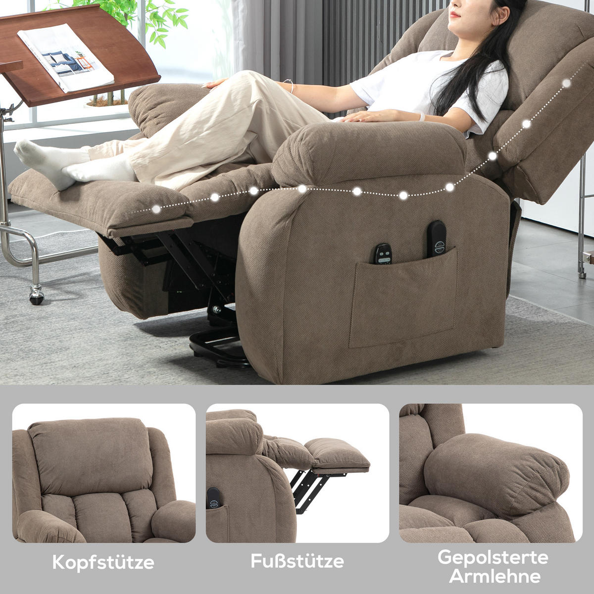 FERNSEHSESSEL mit Aufstehhilfe, Relaxsessel mit Liege-, Massagefunktion, Braun - Hellbraun/Schwarz, Textil/Metall (104/100/93cm) - HOMCOM