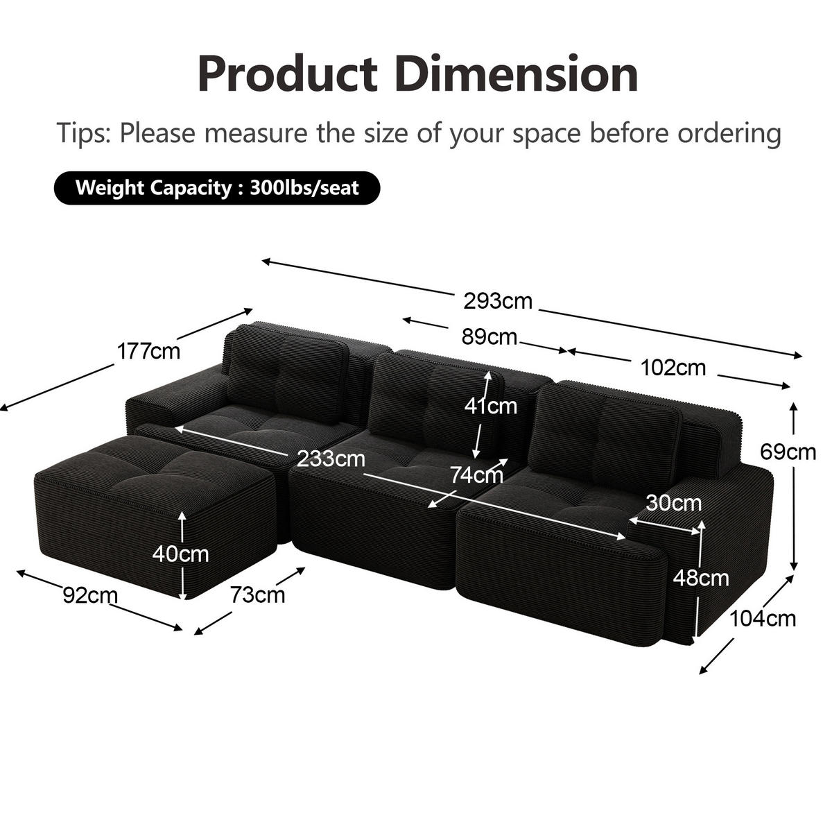 ECKSOFA aus Cord in Schwarz mit modularem Design - Schwarz, Textil (177/293cm) - Modfu