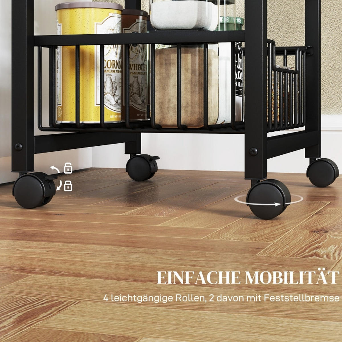 KÜCHENWOLLWAGEN 49.5x31x69cm Schwarz aus Stahl mit 3 herausziehbaren Körben & 4 Rollen - Schwarz, Holz (31/69/49.5cm) - Modfu