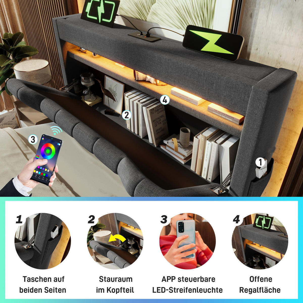 POLSTERBETT aus Leinen 90x200 cm in Grau mit LED & Matratze - Grau, Textil (90/200cm) - Modfu