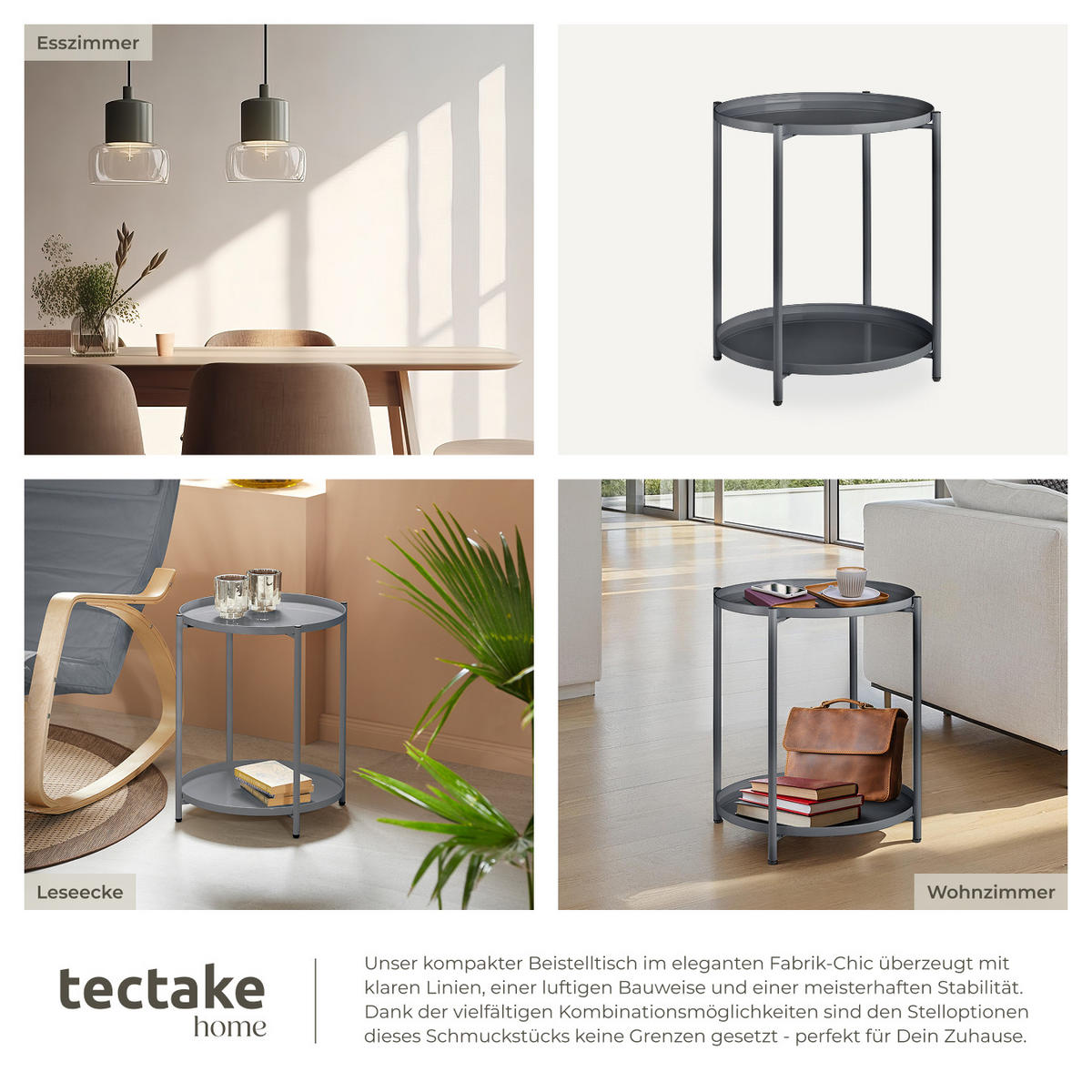 BEISTELLTISCH Oxford,45,5 x 45,5 x 53 cm,dunkelgrau - Dunkelgrau, Metall (45.5/45.5/53cm) - tectake