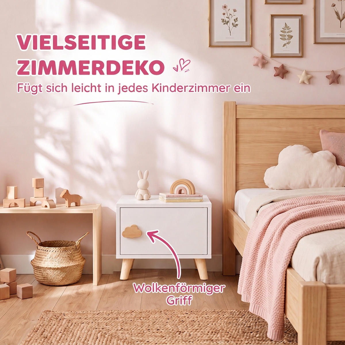 KINDER Nachttisch Spanplatte Kiefernholz Weiß - Weiß/Kieferfarben, Holz/Holzwerkstoff (31/25/34cm) - AIYAPLAY